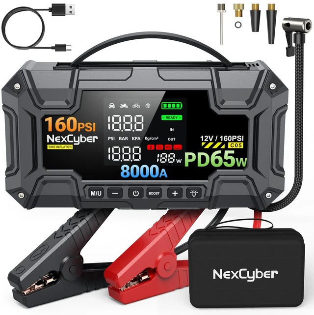 Main image of NexCyber Car Battery Jump Starter with Air Compressor 8000A 160PSI, 12V Car Battery Booster Portable (All Gas/12L Diesel), Jump Box with 65W Fast Charging, Tire Inflator, Jumper Cables, LED Light