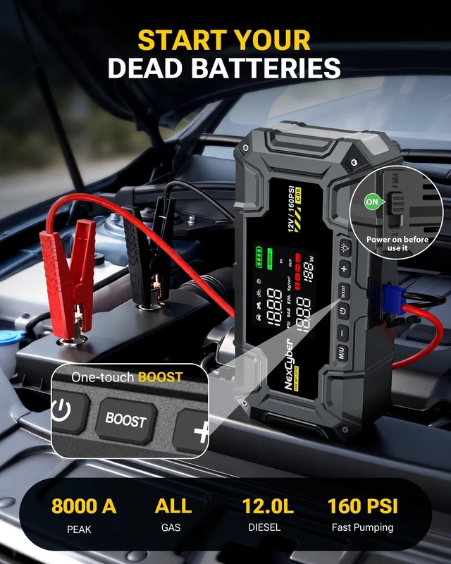 Alt view image 2 of 7 - NexCyber Car Battery Jump Starter with Air Compressor 8000A 160PSI, 12V Car Battery Booster Portable (All Gas/12L Diesel), Jump Box with 65W Fast Charging, Tire Inflator, Jumper Cables, LED Light