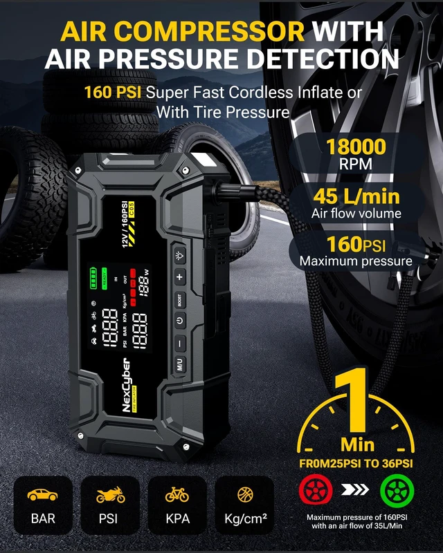 Alt view image 4 of 7 - NexCyber Car Battery Jump Starter with Air Compressor 8000A 160PSI, 12V Car Battery Booster Portable (All Gas/12L Diesel), Jump Box with 65W Fast Charging, Tire Inflator, Jumper Cables, LED Light