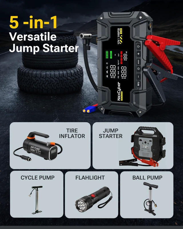 Alt view image 7 of 7 - NexCyber Car Battery Jump Starter with Air Compressor 8000A 160PSI, 12V Car Battery Booster Portable (All Gas/12L Diesel), Jump Box with 65W Fast Charging, Tire Inflator, Jumper Cables, LED Light