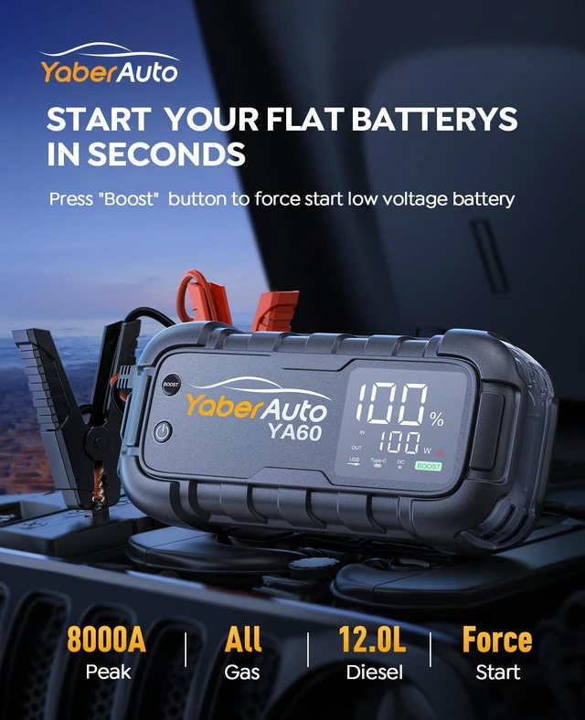 Alt view image 2 of 6 - YaberAuto 8000A Jump Starter 99Wh 65W Fast Charging (All Gas/12.0L Diesel) | Portable Car Battery Jump Starter Pack, Jump Box Car Battery Jumper Starter Portable Jumper Cables, 150W DC, 600LM Lights