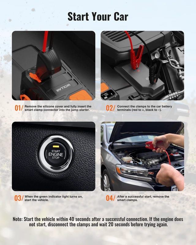 Alt view image 6 of 7 - WOLLAR 4000A Peak Jump Starter with Dual-Cylinder Air Compressor - 5-in-1 Car Battery Jumper Starter, 12V Portable 160PSI Ultra-Fast Tire Inflator, 24000mAh 88.8Wh Jump Box for 10L Gas/Diesel Engines