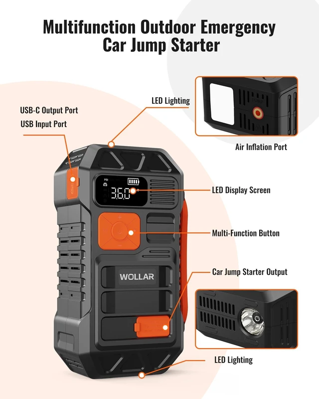 Alt view image 7 of 7 - WOLLAR 4000A Peak Jump Starter with Dual-Cylinder Air Compressor - 5-in-1 Car Battery Jumper Starter, 12V Portable 160PSI Ultra-Fast Tire Inflator, 24000mAh 88.8Wh Jump Box for 10L Gas/Diesel Engines