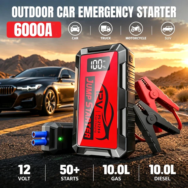 Alt view image 2 of 7 - 6000A Car Battery Jump Starter,12V Lithium Battery Jump Starter(10.0L Gas/10.0L Diesel) 14800mAh Portable Jump Starter for Car Jump Box Car Cables LCD Display LED Lights