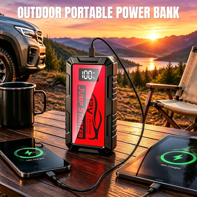 Alt view image 4 of 7 - 6000A Car Battery Jump Starter,12V Lithium Battery Jump Starter(10.0L Gas/10.0L Diesel) 14800mAh Portable Jump Starter for Car Jump Box Car Cables LCD Display LED Lights
