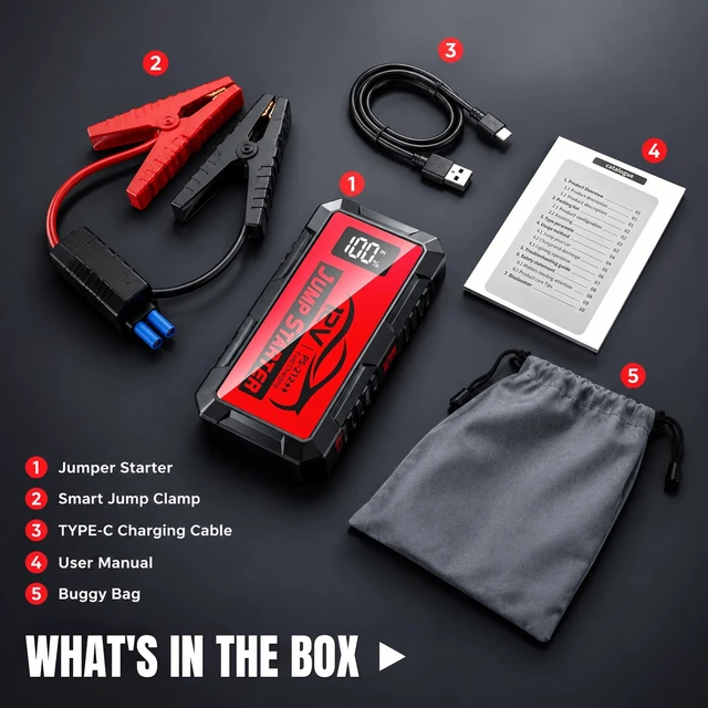 Alt view image 7 of 7 - 6000A Car Battery Jump Starter,12V Lithium Battery Jump Starter(10.0L Gas/10.0L Diesel) 14800mAh Portable Jump Starter for Car Jump Box Car Cables LCD Display LED Lights