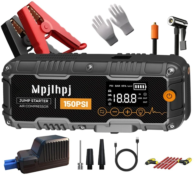 Main image of Jump Starter with Air Compressor, 4000A Portable Car Battery Jump Starter (10L Gas/8L Diesel), 12V Jump Pack with 150PSI Auto-Shutoff Tire Inflator, LED Light, Gloves & Car Emergency Kit