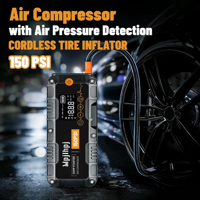 Alt view image 3 of 7 - Jump Starter with Air Compressor, 4000A Portable Car Battery Jump Starter (10L Gas/8L Diesel), 12V Jump Pack with 150PSI Auto-Shutoff Tire Inflator, LED Light, Gloves & Car Emergency Kit