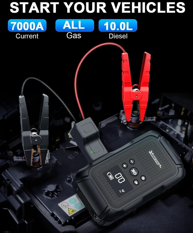 Alt view image 2 of 6 - 7000A Jump Starter with Air Compressor (All Gas/10.0L Diesel), 12V Jumper Starter Pack with 150PSI Auto Tire Inflator, Car Battery Jump Box Portable with LCD Display & LED Light