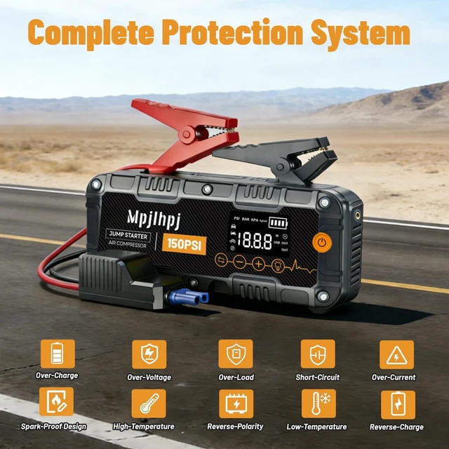Alt view image 7 of 7 - Jump Starter with Air Compressor, 4000A Portable Car Battery Jump Starter (10L Gas/8L Diesel), 12V Jump Pack with 150PSI Auto-Shutoff Tire Inflator, LED Light, Gloves & Car Emergency Kit