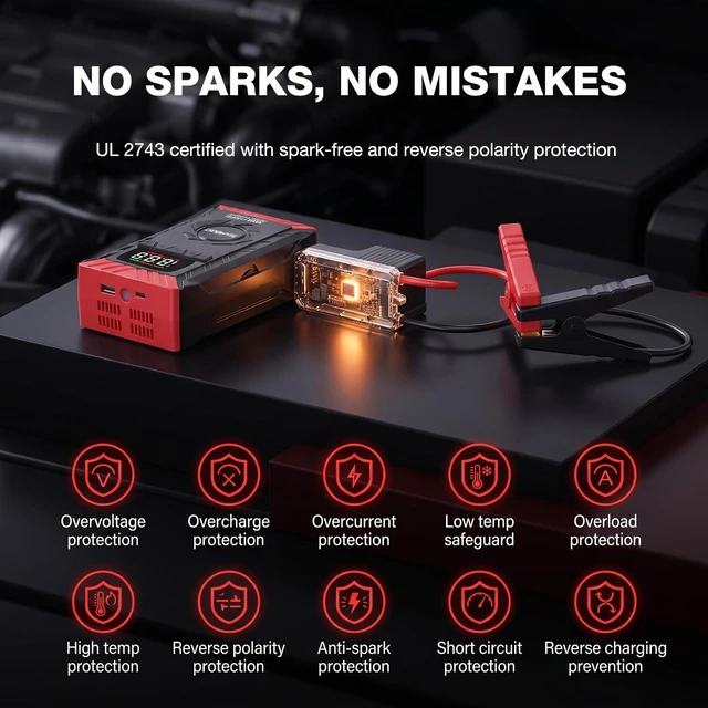 Alt view image 2 of 6 - 10-in-1 UltraSafe Jump Starter with Air Compressor, Portable Car Jump Box with LED Flashlight,Portable Tire Inflator, 3000A Jump Box, 60Wh Power Bank & Jumper Cables for 9.0L Gas/6.5L Diesel Engines