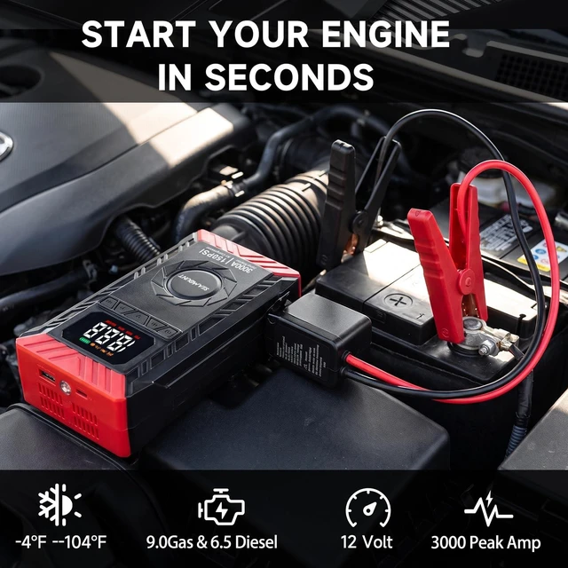 Alt view image 3 of 6 - 10-in-1 UltraSafe Jump Starter with Air Compressor, Portable Car Jump Box with LED Flashlight,Portable Tire Inflator, 3000A Jump Box, 60Wh Power Bank & Jumper Cables for 9.0L Gas/6.5L Diesel Engines