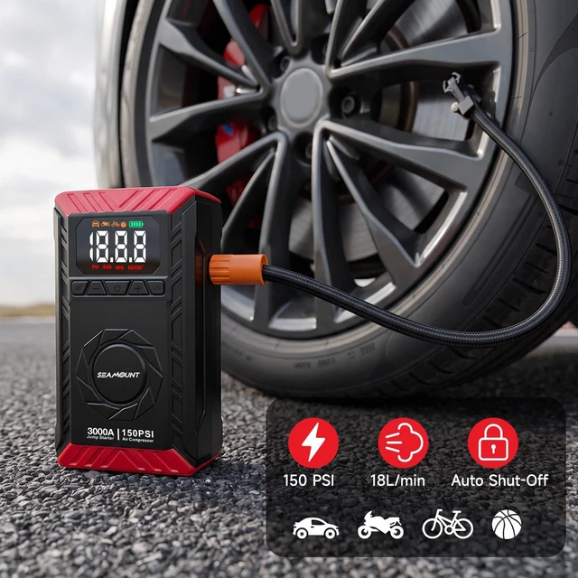 Alt view image 4 of 6 - 10-in-1 UltraSafe Jump Starter with Air Compressor, Portable Car Jump Box with LED Flashlight,Portable Tire Inflator, 3000A Jump Box, 60Wh Power Bank & Jumper Cables for 9.0L Gas/6.5L Diesel Engines