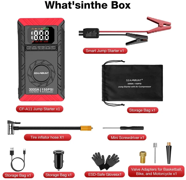 Alt view image 6 of 6 - 10-in-1 UltraSafe Jump Starter with Air Compressor, Portable Car Jump Box with LED Flashlight,Portable Tire Inflator, 3000A Jump Box, 60Wh Power Bank & Jumper Cables for 9.0L Gas/6.5L Diesel Engines