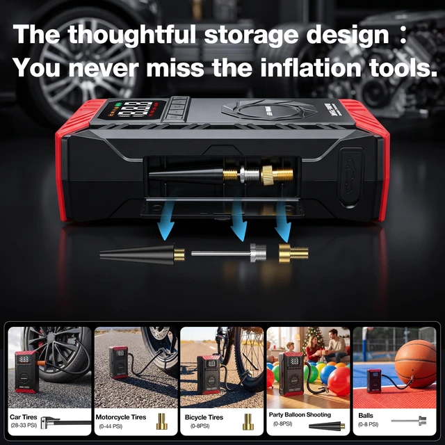 Alt view image 5 of 6 - 10-in-1 UltraSafe Jump Starter with Air Compressor, Portable Car Jump Box with LED Flashlight,Portable Tire Inflator, 3000A Jump Box, 60Wh Power Bank & Jumper Cables for 9.0L Gas/6.5L Diesel Engines