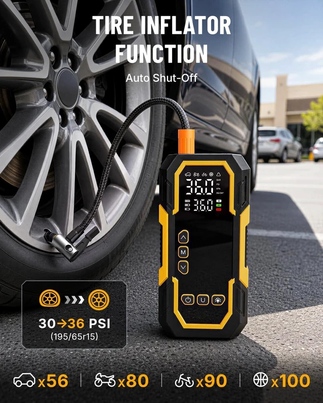 Alt view image 4 of 7 - Car Battery Jump Starter Portable, Jump Starter with Air Compressor | Portable Car Jump Box, Air Pump for Car Tires with Auto Shutoff, Digital Display, USB Charging and LED Light
