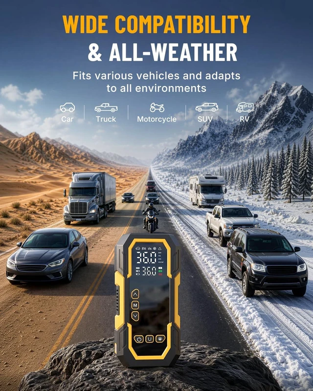 Alt view image 5 of 7 - Car Battery Jump Starter Portable, Jump Starter with Air Compressor | Portable Car Jump Box, Air Pump for Car Tires with Auto Shutoff, Digital Display, USB Charging and LED Light