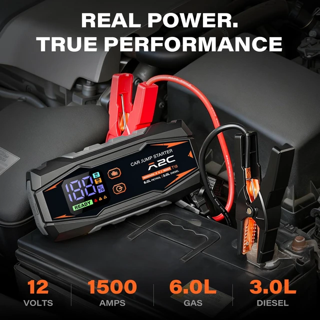 Alt view image 2 of 7 - A2C T18 1500A Portable Car Jump Starter, 44.4Wh / 12V Auto Battery Booster | Fits 6.0L gas / 3.0L diesel, 12000mAh power bank, QC3.0 fast charging, NTC smart safety clamps, LED flashlight
