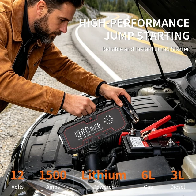 Alt view image 2 of 7 - Jump Starter with air Compressor, 5000A Emergency Starter Jump Box (Gas 9L/Diesel 8L), Jumper Cable Jump Starter Portable with air Compressor 160PSI, car Roadside Emergency kit, SOS Light