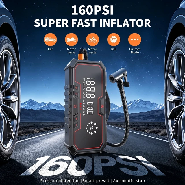 Alt view image 3 of 7 - Jump Starter with air Compressor, 5000A Emergency Starter Jump Box (Gas 9L/Diesel 8L), Jumper Cable Jump Starter Portable with air Compressor 160PSI, car Roadside Emergency kit, SOS Light