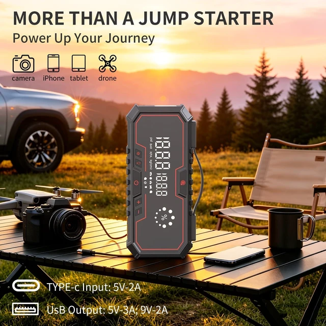Alt view image 4 of 7 - Jump Starter with air Compressor, 5000A Emergency Starter Jump Box (Gas 9L/Diesel 8L), Jumper Cable Jump Starter Portable with air Compressor 160PSI, car Roadside Emergency kit, SOS Light