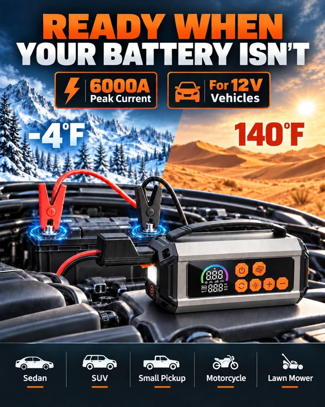 Alt view image 3 of 7 - Jump Starter with Air Compressor, 12V Car Battery Jumper & Tire Inflator | 6000A Car Jumper Starter, 150 PSI Air Pump, 33 L/min Air Blower Vacuum, 8000mAh Power Bank & LED Light for Roadside Emergency