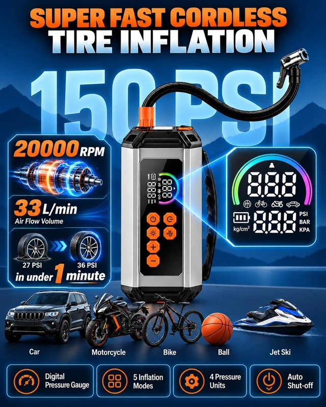 Alt view image 4 of 7 - Jump Starter with Air Compressor, 12V Car Battery Jumper & Tire Inflator | 6000A Car Jumper Starter, 150 PSI Air Pump, 33 L/min Air Blower Vacuum, 8000mAh Power Bank & LED Light for Roadside Emergency