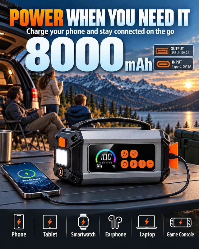 Alt view image 7 of 7 - Jump Starter with Air Compressor, 12V Car Battery Jumper & Tire Inflator | 6000A Car Jumper Starter, 150 PSI Air Pump, 33 L/min Air Blower Vacuum, 8000mAh Power Bank & LED Light for Roadside Emergency