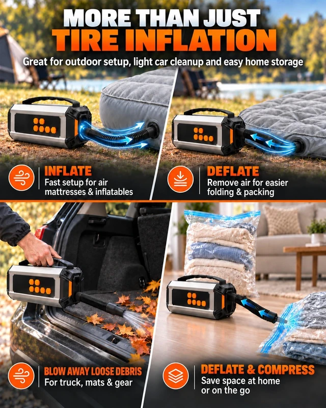 Alt view image 5 of 7 - Jump Starter with Air Compressor, 12V Car Battery Jumper & Tire Inflator | 6000A Car Jumper Starter, 150 PSI Air Pump, 33 L/min Air Blower Vacuum, 8000mAh Power Bank & LED Light for Roadside Emergency