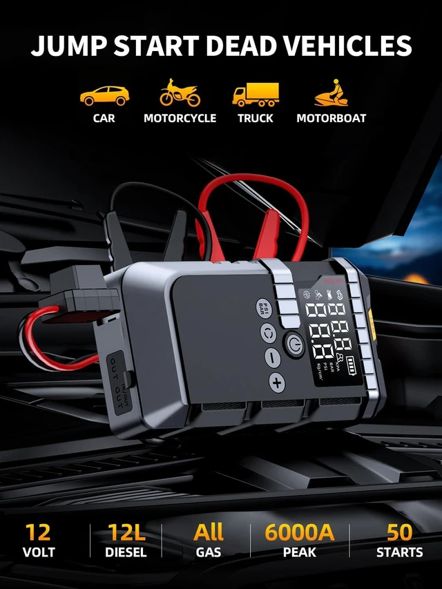 Alt view image 2 of 7 - 6000A Portable Battery Jump Starter with Air Compressor for Car | 12V Jump Box with 160PSI Tire Inflator for Car Battery, LED Display for All Gas & 12L Diesel Engines, Light, Jumper Cables