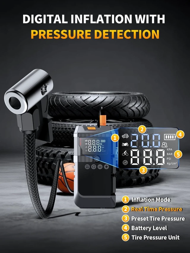 Alt view image 3 of 7 - 6000A Portable Battery Jump Starter with Air Compressor for Car | 12V Jump Box with 160PSI Tire Inflator for Car Battery, LED Display for All Gas & 12L Diesel Engines, Light, Jumper Cables
