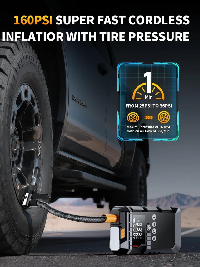 Alt view image 4 of 7 - 6000A Portable Battery Jump Starter with Air Compressor for Car | 12V Jump Box with 160PSI Tire Inflator for Car Battery, LED Display for All Gas & 12L Diesel Engines, Light, Jumper Cables