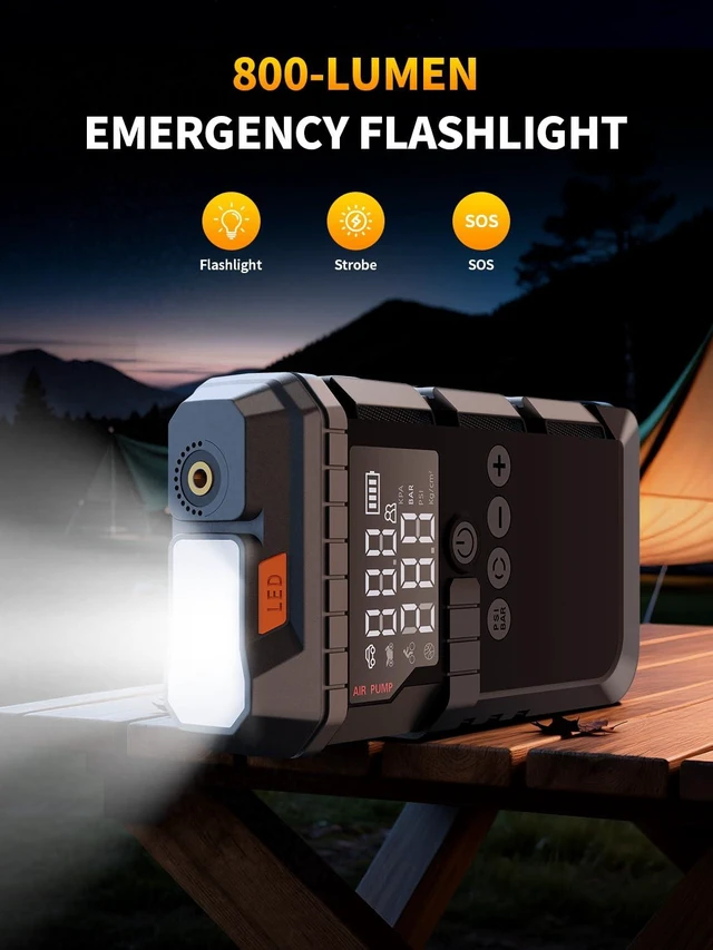 Alt view image 5 of 7 - 6000A Portable Battery Jump Starter with Air Compressor for Car | 12V Jump Box with 160PSI Tire Inflator for Car Battery, LED Display for All Gas & 12L Diesel Engines, Light, Jumper Cables