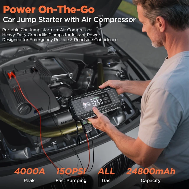 Alt view image 2 of 7 - Jump Starter with Air Compressor: 4000A 150PSI Car Battery Charger - 65W Tire Inflator Portable Car Battery Jumper Starter Power Pack - Jump Box Cables (All Gas/10L Diesel) - for Automotive RV Tools