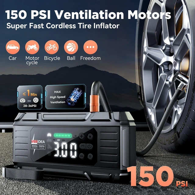 Alt view image 3 of 7 - Jump Starter with Air Compressor: 4000A 150PSI Car Battery Charger - 65W Tire Inflator Portable Car Battery Jumper Starter Power Pack - Jump Box Cables (All Gas/10L Diesel) - for Automotive RV Tools