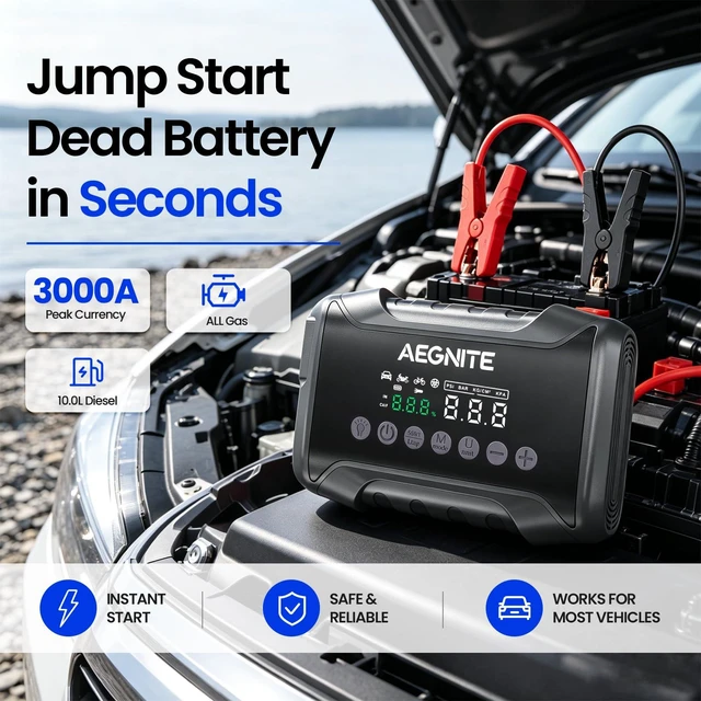 Alt view image 2 of 7 - AEGNITE Jump Starter with Air Compressor 3000A 150PSI | Multi-Functional Portable Car Battery Booster, Jump Starter with 4 in 1 Tire Inflation, Device Charging, LED Light