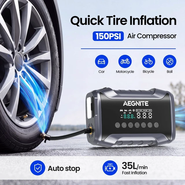 Alt view image 3 of 7 - AEGNITE Jump Starter with Air Compressor 3000A 150PSI | Multi-Functional Portable Car Battery Booster, Jump Starter with 4 in 1 Tire Inflation, Device Charging, LED Light