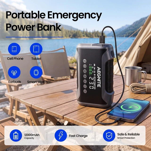 Alt view image 4 of 7 - AEGNITE Jump Starter with Air Compressor 3000A 150PSI | Multi-Functional Portable Car Battery Booster, Jump Starter with 4 in 1 Tire Inflation, Device Charging, LED Light