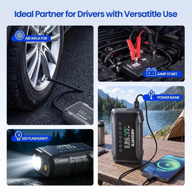 Alt view image 6 of 7 - AEGNITE Jump Starter with Air Compressor 3000A 150PSI | Multi-Functional Portable Car Battery Booster, Jump Starter with 4 in 1 Tire Inflation, Device Charging, LED Light