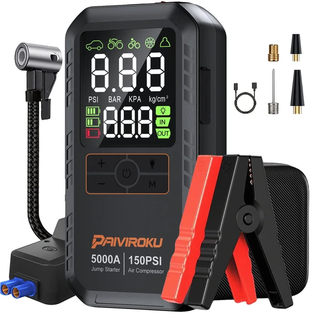 Main image of 5000A Car Battery Jump Starter with Air Compressor,12V Car Battery Jumper Starter Portable 8L Gas/7L Diesel,150PSI Tire Inflator&Car Battery Jump Box with 500LM LED/36W Fast Charge/Jump Cables