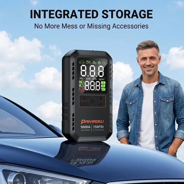 Alt view image 7 of 7 - 5000A Car Battery Jump Starter with Air Compressor,12V Car Battery Jumper Starter Portable 8L Gas/7L Diesel,150PSI Tire Inflator&Car Battery Jump Box with 500LM LED/36W Fast Charge/Jump Cables
