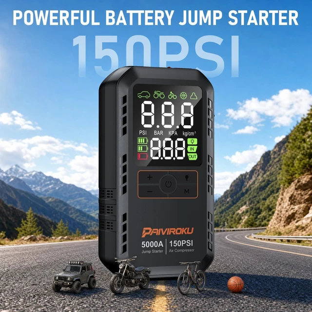 Alt view image 3 of 7 - 5000A Car Battery Jump Starter with Air Compressor,12V Car Battery Jumper Starter Portable 8L Gas/7L Diesel,150PSI Tire Inflator&Car Battery Jump Box with 500LM LED/36W Fast Charge/Jump Cables
