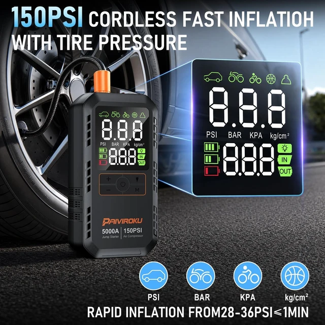 Alt view image 5 of 7 - 5000A Car Battery Jump Starter with Air Compressor,12V Car Battery Jumper Starter Portable 8L Gas/7L Diesel,150PSI Tire Inflator&Car Battery Jump Box with 500LM LED/36W Fast Charge/Jump Cables