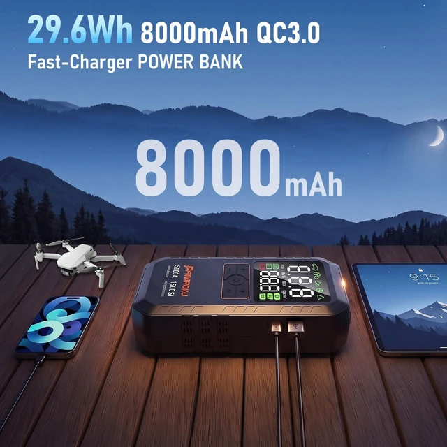 Alt view image 6 of 7 - 5000A Car Battery Jump Starter with Air Compressor,12V Car Battery Jumper Starter Portable 8L Gas/7L Diesel,150PSI Tire Inflator&Car Battery Jump Box with 500LM LED/36W Fast Charge/Jump Cables