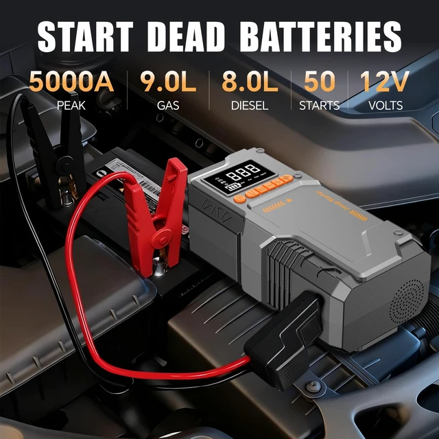 Alt view image 2 of 7 - Jump Starter with Air Compressor, 5000A Battery Jumper Starter Portable (9.0 Gas/8.0L Diesel),150 PSI Tire Inflator, 12V Jump Box Car Battery Jumper Starter with Jumper Cables, LED Lights, LCD Display