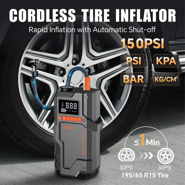 Alt view image 3 of 7 - Jump Starter with Air Compressor, 5000A Battery Jumper Starter Portable (9.0 Gas/8.0L Diesel),150 PSI Tire Inflator, 12V Jump Box Car Battery Jumper Starter with Jumper Cables, LED Lights, LCD Display