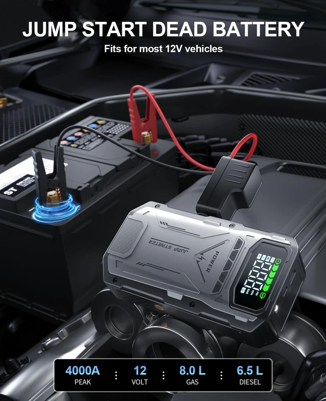 Alt view image 2 of 7 - Jump Starter with Air Compressor, 4000A Portable Car Battery Charger Jump Box, 150PSI Tire Inflator and Battery Jumper Pack for 12V Vehicle, Jumper Starter Power Booster, Roadside Emergency Kit