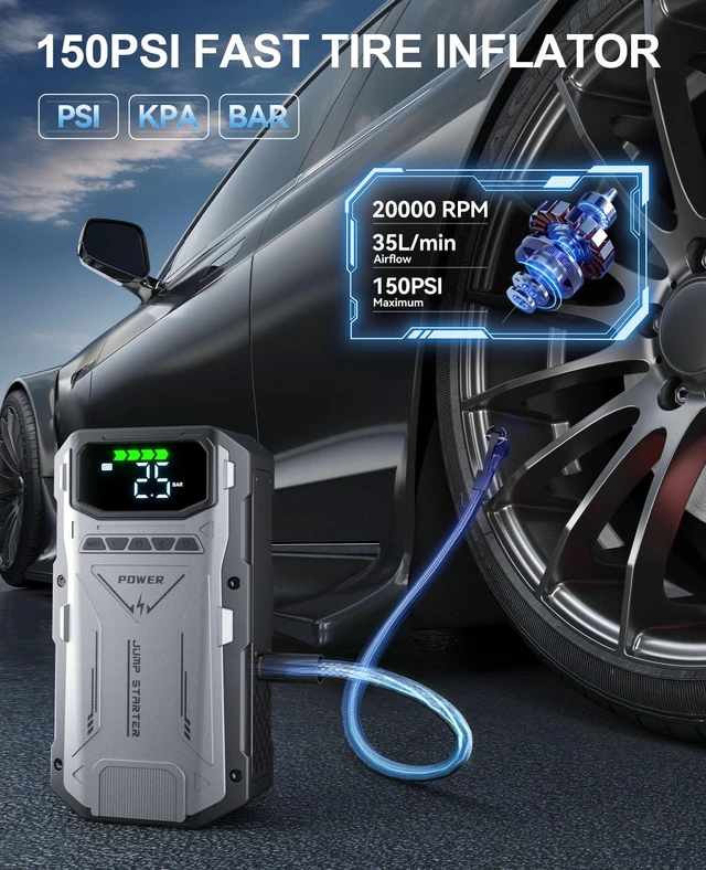 Alt view image 3 of 7 - Jump Starter with Air Compressor, 4000A Portable Car Battery Charger Jump Box, 150PSI Tire Inflator and Battery Jumper Pack for 12V Vehicle, Jumper Starter Power Booster, Roadside Emergency Kit