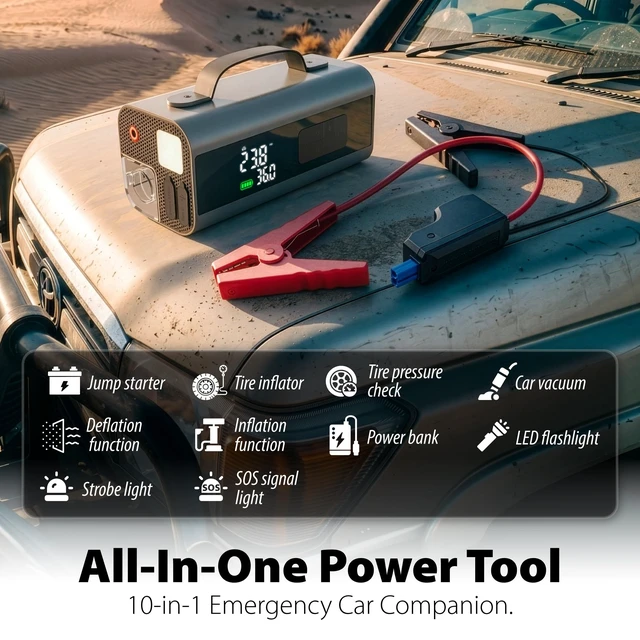 Alt view image 2 of 7 - FosPower 12V 1000A All-in-1 Car Jump Starter with Air Compressor & Vacuum | Fits up to 6.0L gas/3.0L diesel. All-in-1 design features a 160PSI tire inflator, portable car vacuum & 8000mAh power bank.