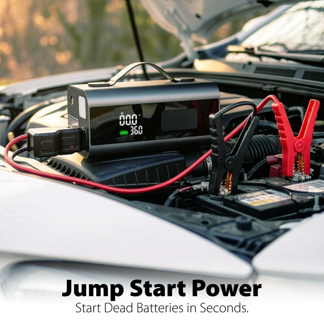 Alt view image 3 of 7 - FosPower 12V 1000A All-in-1 Car Jump Starter with Air Compressor & Vacuum | Fits up to 6.0L gas/3.0L diesel. All-in-1 design features a 160PSI tire inflator, portable car vacuum & 8000mAh power bank.
